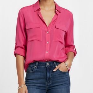 Tommy Bahama 100% Silk Hot Pink Button Down Long Sleeve Top Shirt Size XS.